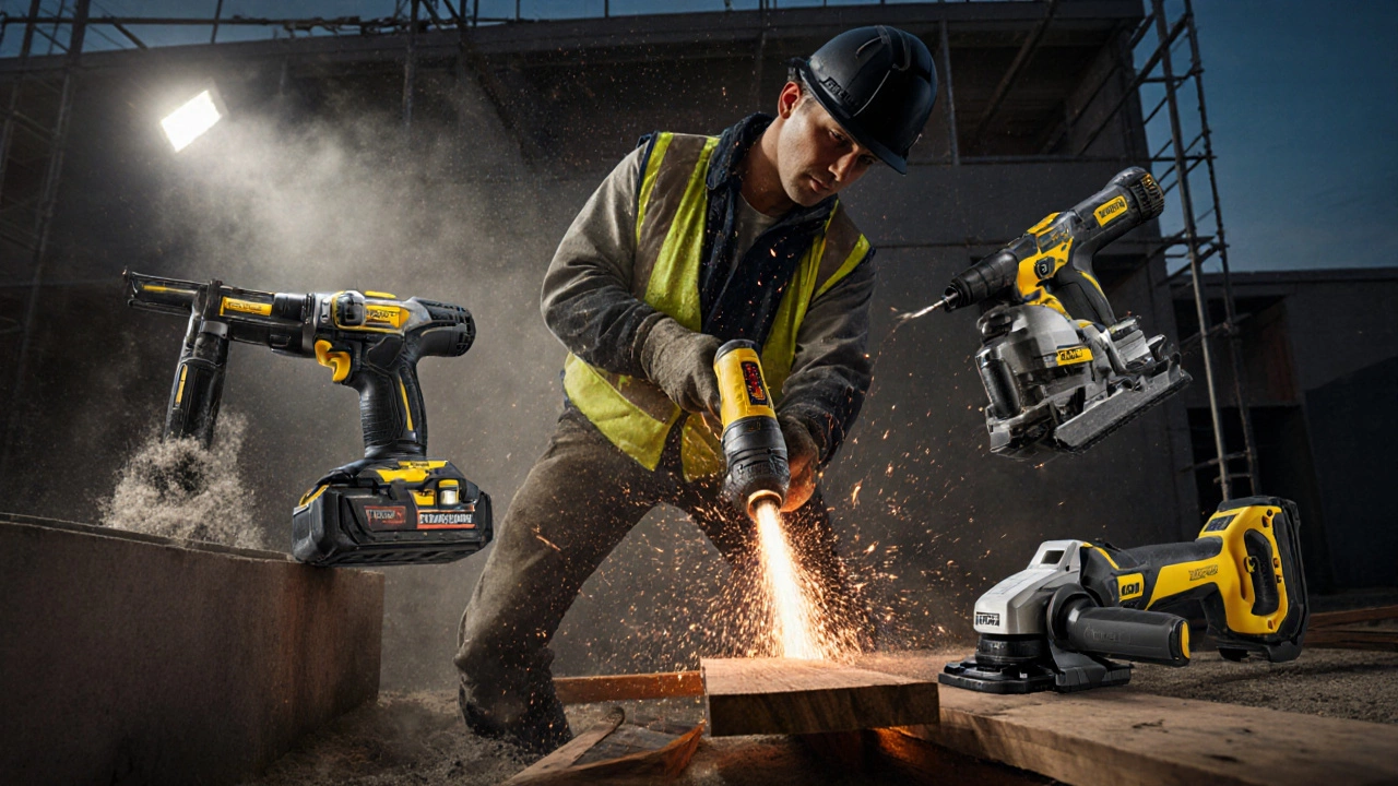 Construction worker using five popular power tools at sunset, sparks flying.