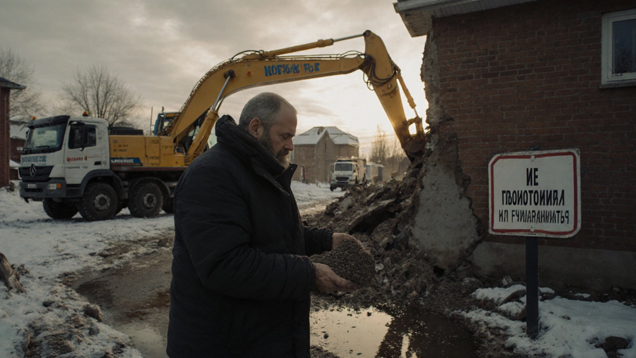 Дом в Калининграде с треснувшим фундаментом, владелец держит грязный отсев, рядом — демонтаж.