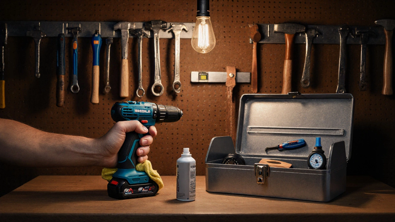 Hand cleaning and oiling power tools, stored neatly with maintenance accessories.