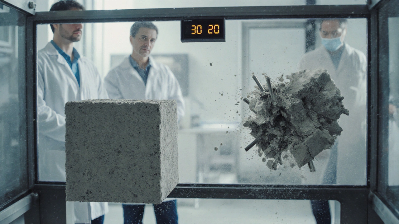 Лабораторное испытание бетона: куб из щебня выдерживает нагрузку, куб из отсева разрушается.