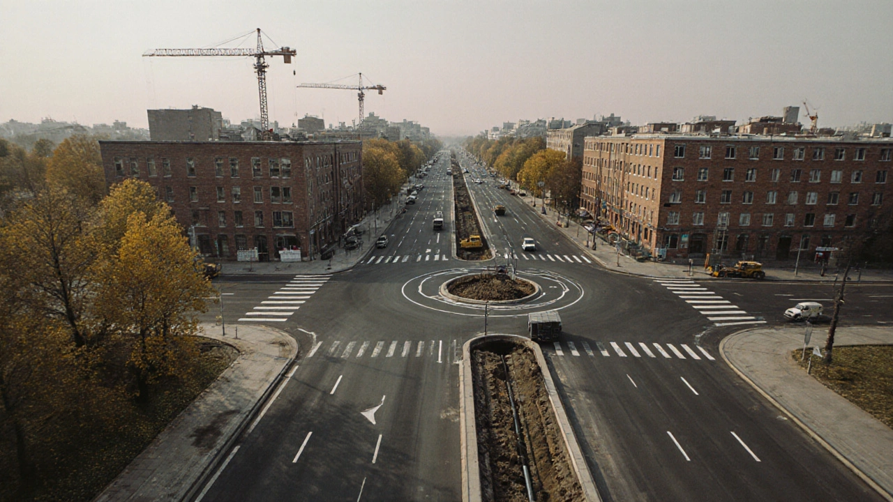 Обновленные дороги и теплотрассы в Калининграде на фоне исторических зданий осенью.