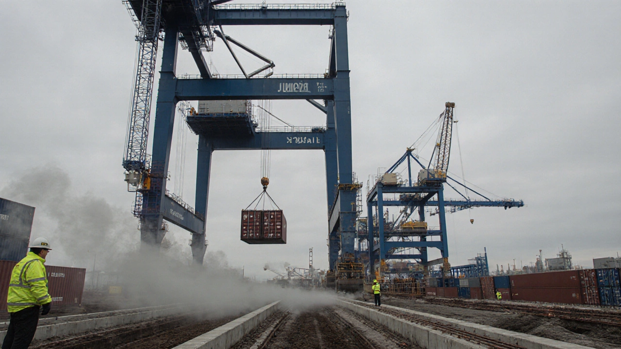 Промышленный логистический терминал с металлоконструкциями и кранами на стройке в Калининграде.