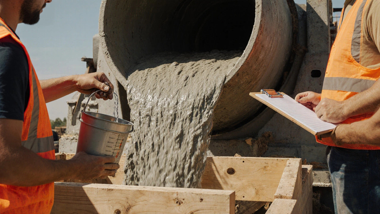 Сцена строительства, где рабочий добавляет измеренное количество воды в бетонный миксер.