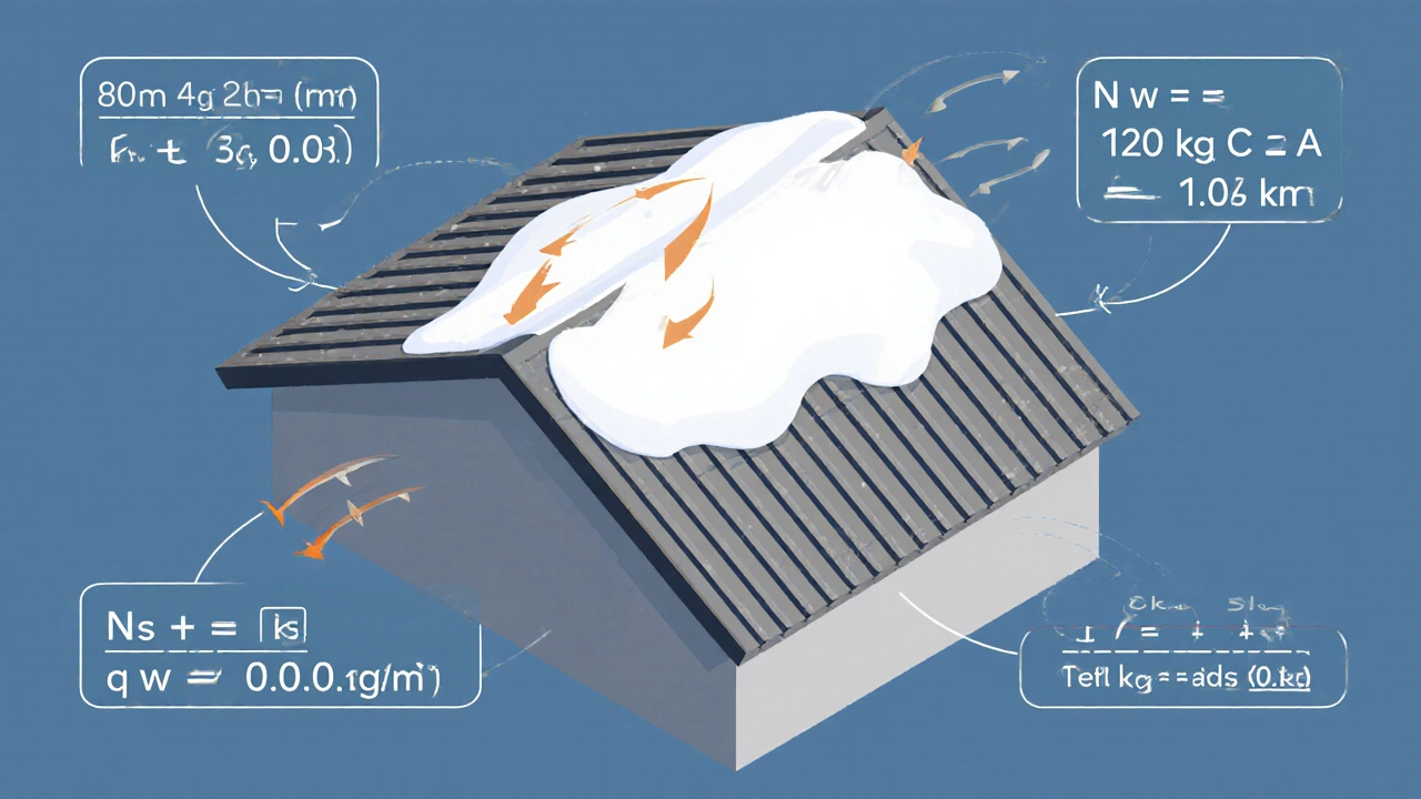 Схема расчёта снеговой и ветровой нагрузки на крышу с формулами.