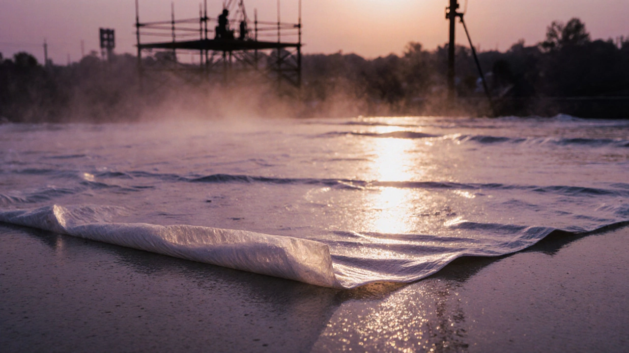 Слой свежего бетона, покрытый пленкой и слегка увлажнённый для мокрого отверждения.