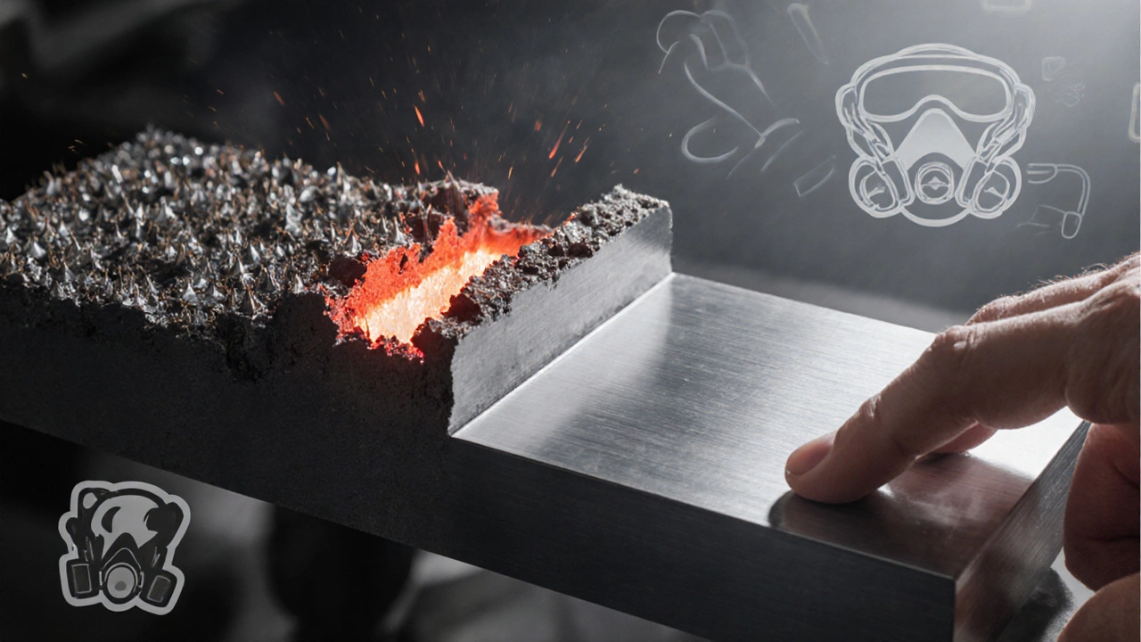 Сравнение шва до и после шлифовки: шероховатый с трещинами и гладкий, отражающий свет.