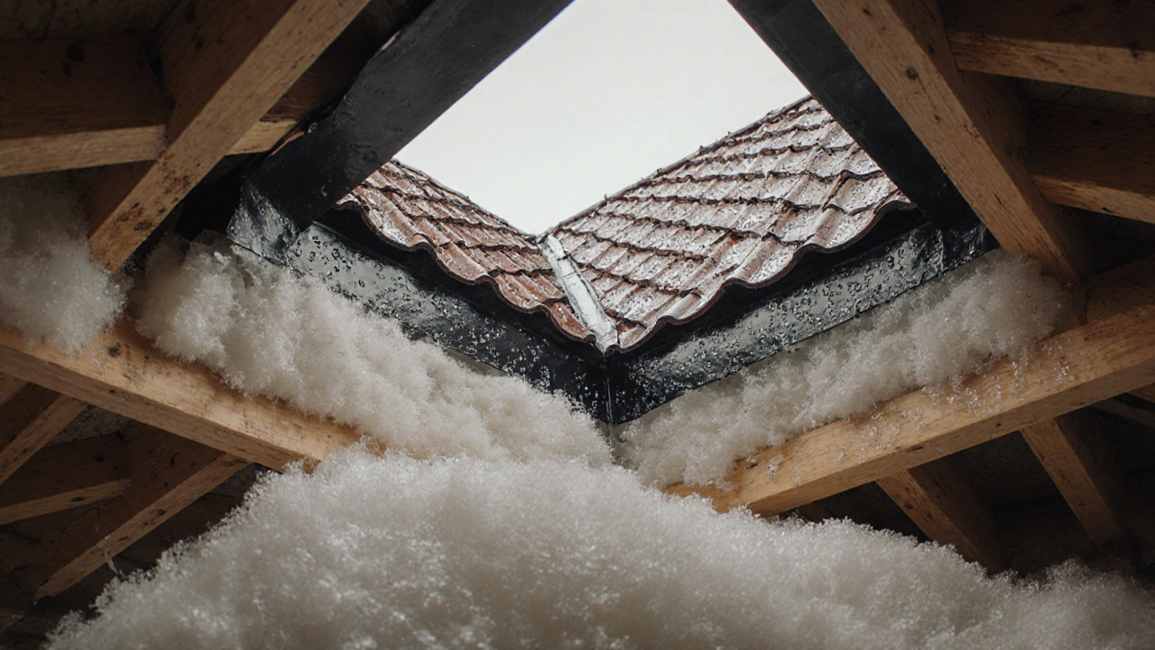 Структура кровли с утеплением, гидроизоляцией и конденсатом на стропилах в зимних условиях.