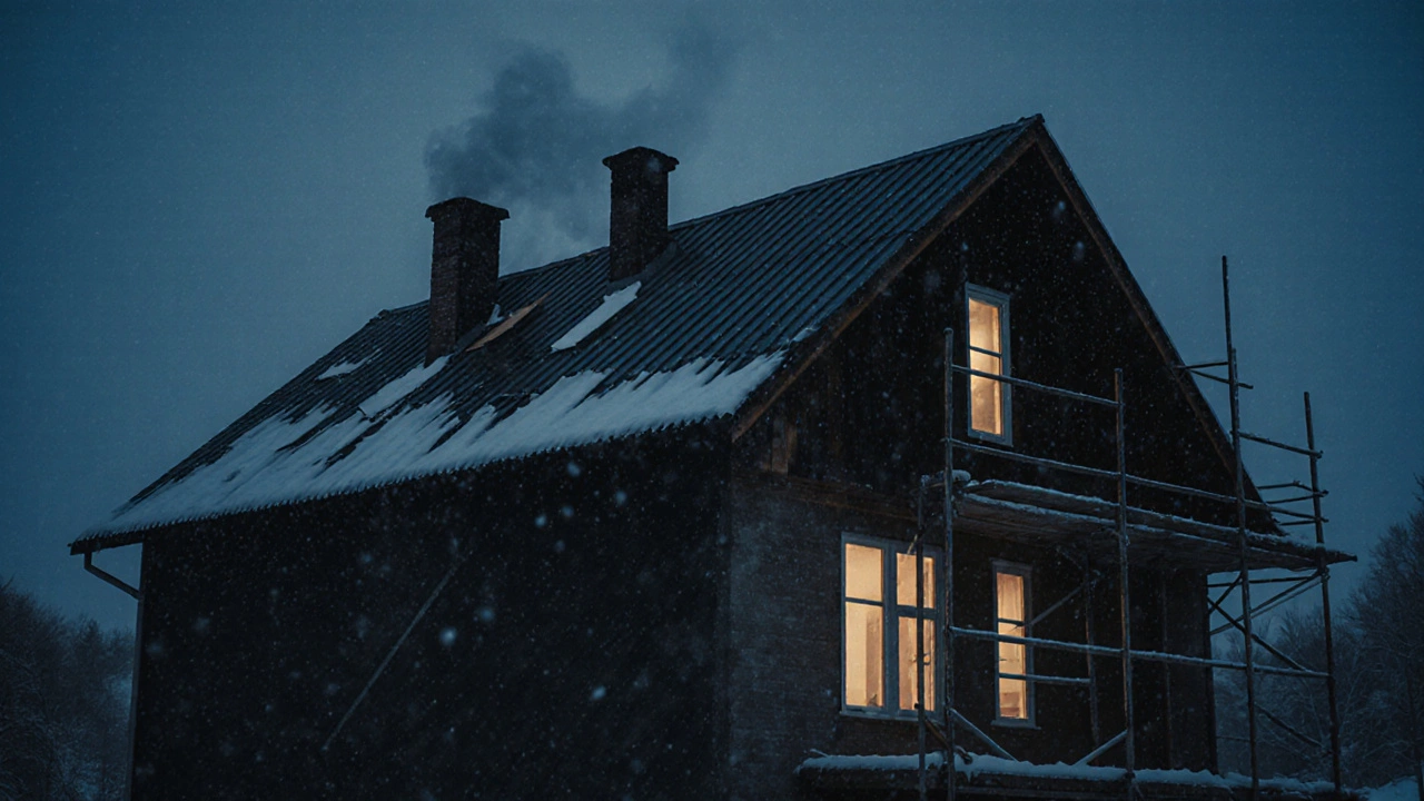 Частично покрытая крыша дома в Калининграде под снегопадом, часть ската осталась без кровли.