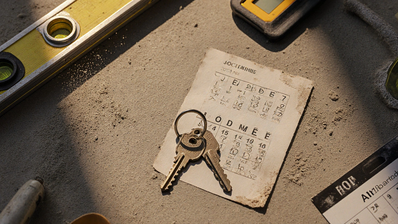 Ключи от дома лежат на бетонной плите среди строительных инструментов и календаря.