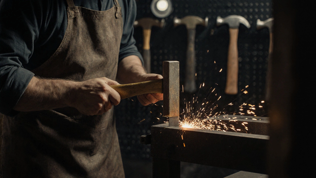 Мастер ударяет зубилом молотком, снимая заклепки с металлической рамы.