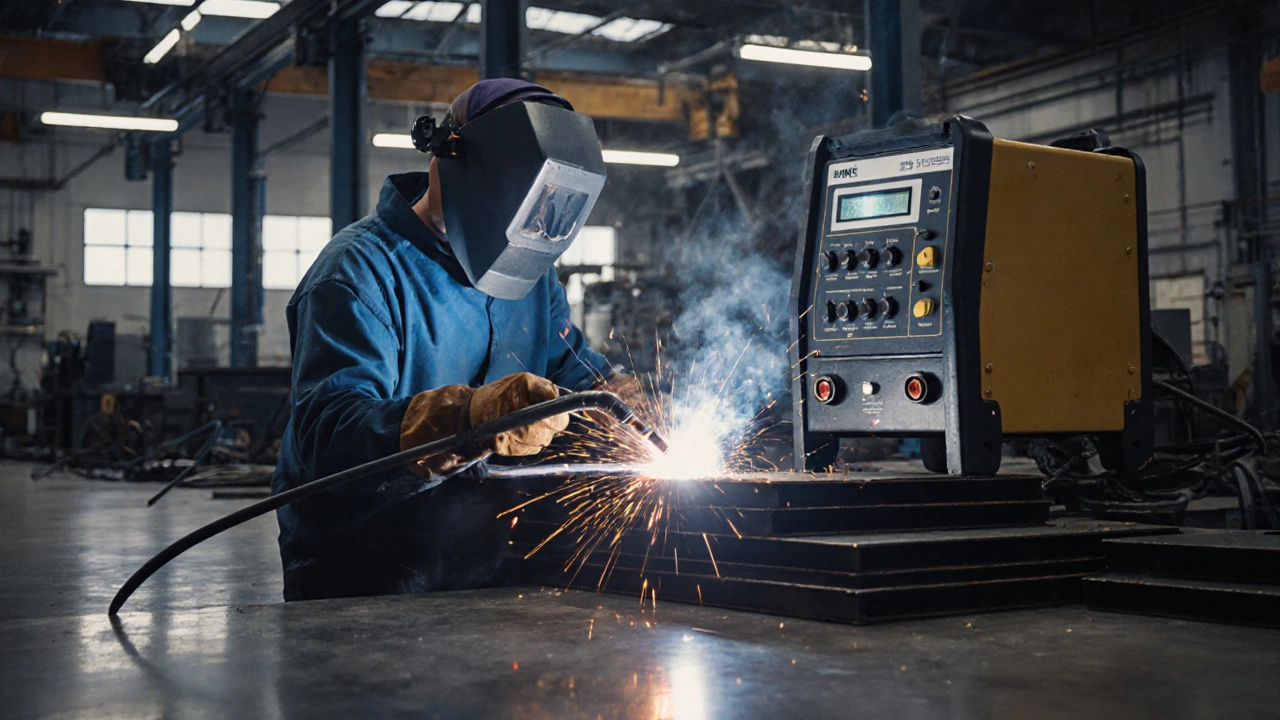 MIG/MAG-сварка толстой стали на заводе, проволока подается автоматически, шов идеально ровный.