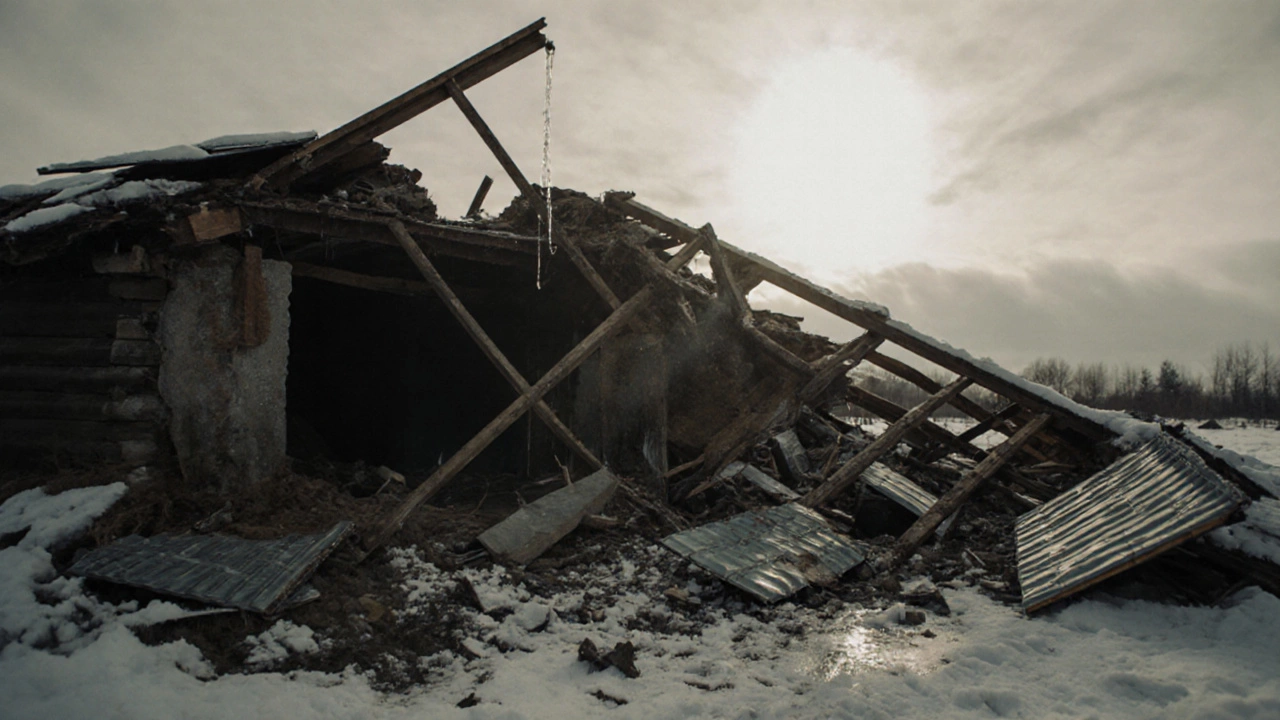 Обрушившаяся крыша частного дома с разрушенными стропилами на фоне снежного поля.