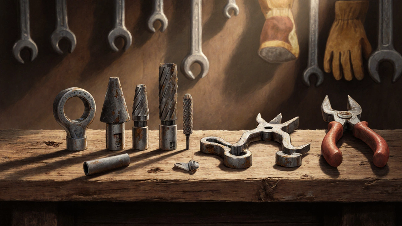 Разложенный набор слесарных инструментов на деревянной полке: файлы, съёмник, трубогиб.