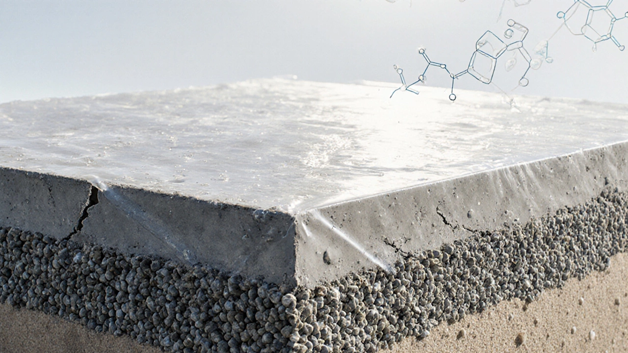 Разрез бетонного фундамента с чёткой структурой заполнителей и влагой под плёнкой.