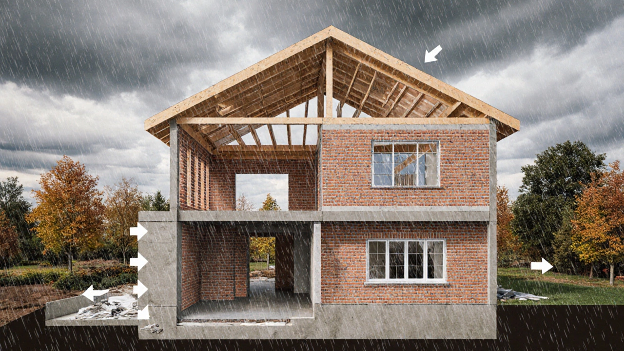 Разрез дома, показывающий поэтапное строительство: фундамент, стены, кровля и окна.