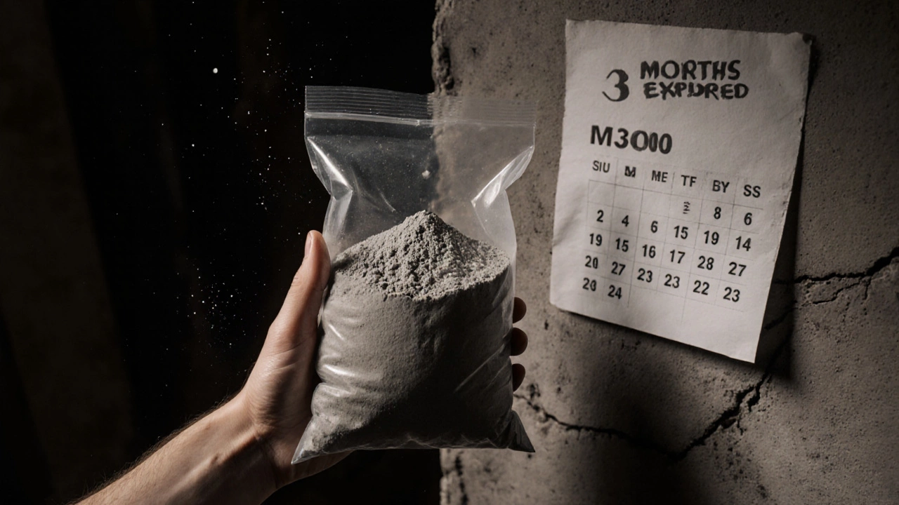 Рука держит мешок цемента с визуализацией добавок, рядом — треснувший бетон и просроченная дата, тусклый свет мастерской.