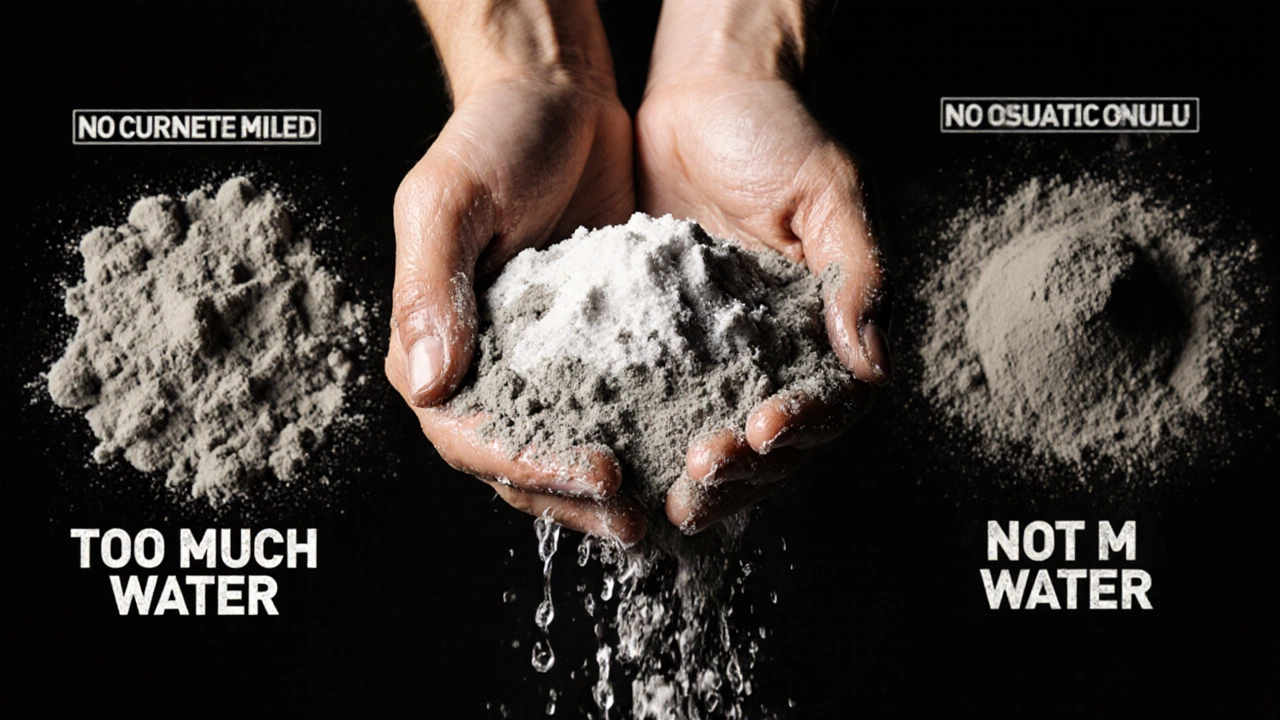 Рука сжимает идеально замешанный бетон, который держит форму, как влажный снег.