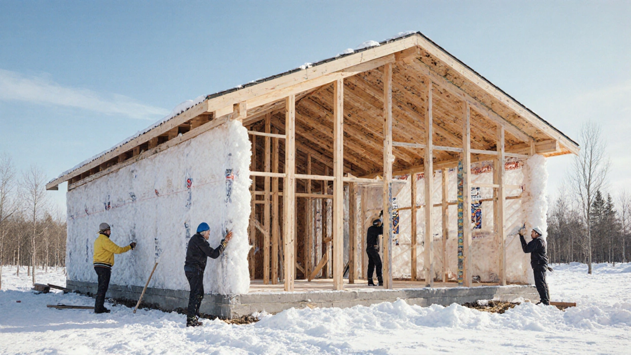 Сборка каркасного дома с видимым утеплителем и пароизоляцией.