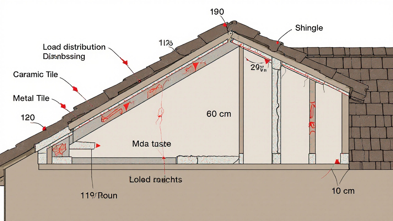 Схема перекрытия с тремя вариантами шага стропил и соответствующими кровельными материалами.