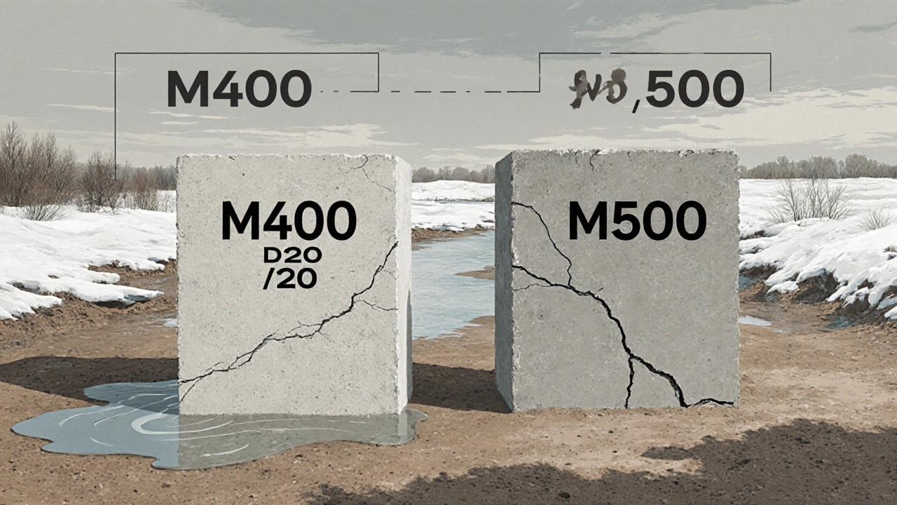 Сравнение бетонных блоков: М400 Д20 с равномерной структурой и М500 с трещинами от перегрева, на фоне русской природы.