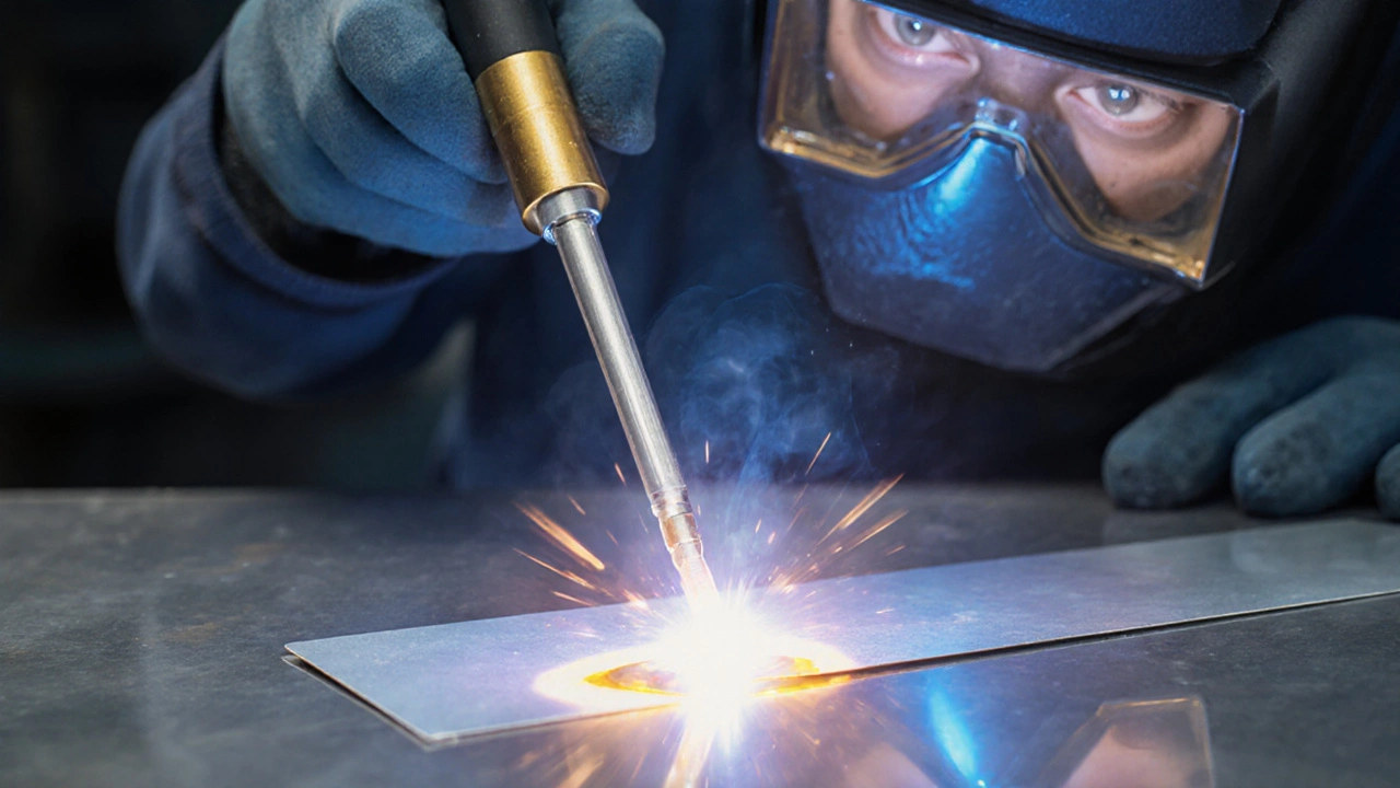 Точная TIG-сварка алюминия в чистом цеху, голубоватый газ окружает расплавленный шов.