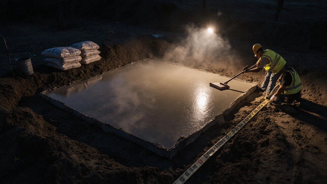 Заливка плитного фундамента на закате, рабочие финишируют поверхность бетона под светом фонарей.