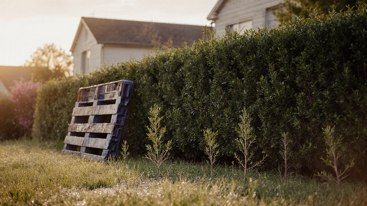 Живая изгородь из боярышника и сирени, частично скрывающая старые паллеты.