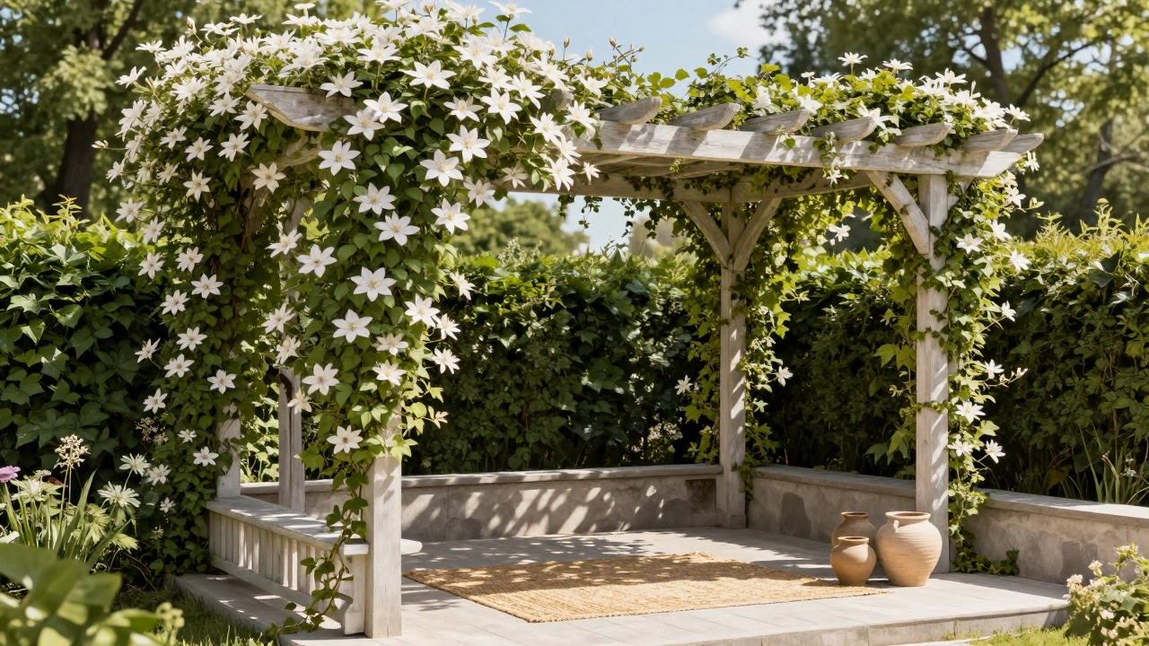 Деревянная пергола с клематисами над террасой, мягкий свет, горшки с цветами, нет сплошных ограждений.