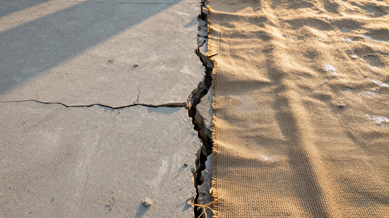 Два бетонных участка: один с трещинами без ухода, другой — целый под влажной тканью, контраст ухода.