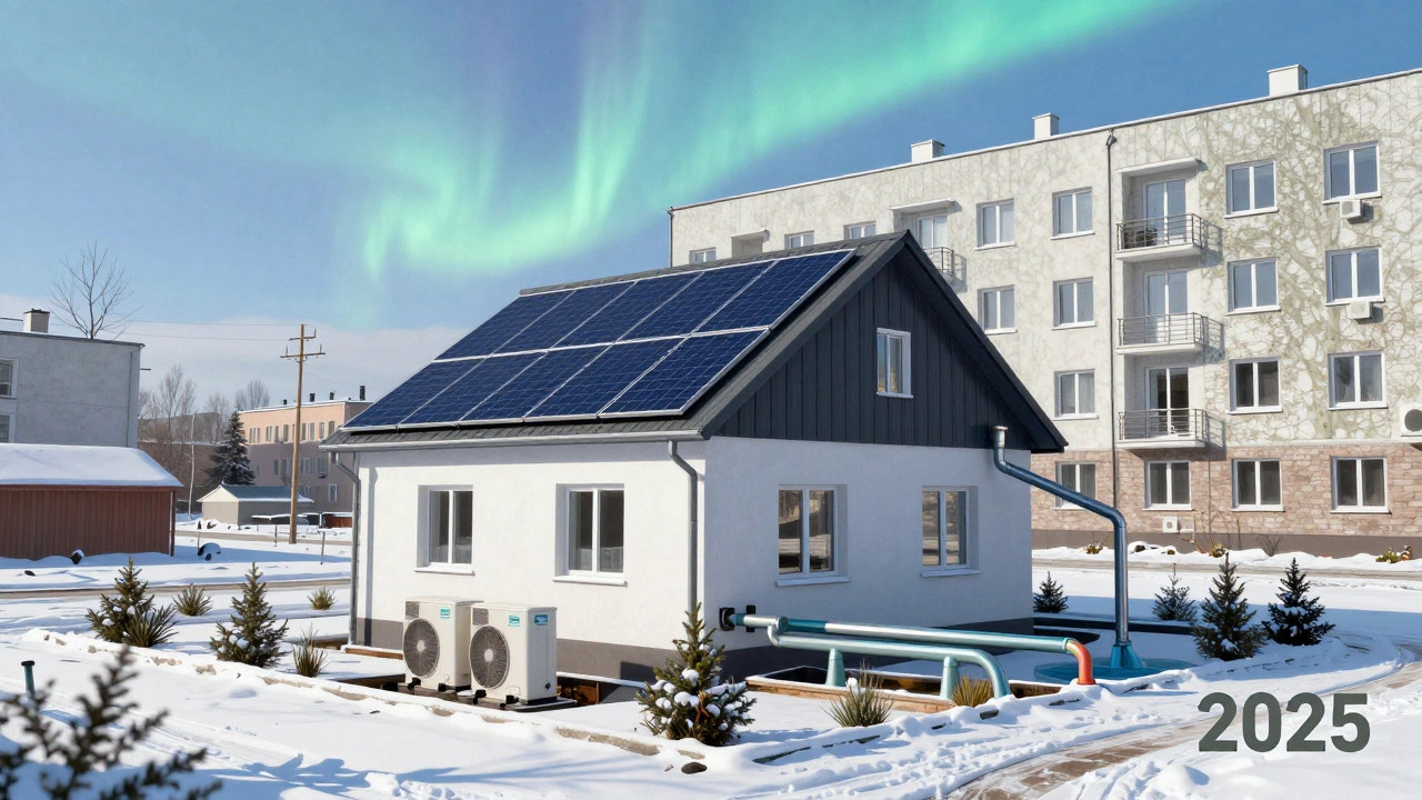 Энергоэффективный дом 2025 года с солнечными панелями и системами сбора воды рядом с отремонтированным советским домом.