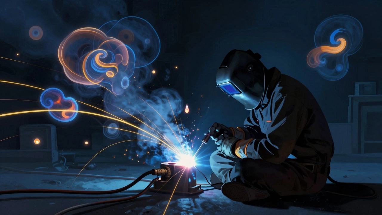 Художественное изображение TIG-сварки как медитации: тепло, газ и ток в виде абстрактных потоков вокруг сварщика.