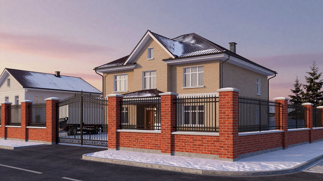 Капитальный кирпичный забор, гармонично сочетающийся с фасадом дома в Калининграде.