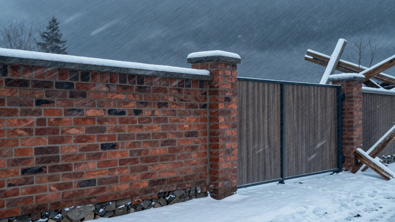 Кирпичный и композитный заборы стоят прочными рядом, в то время как деревянный рушится на фоне зимнего шторма.