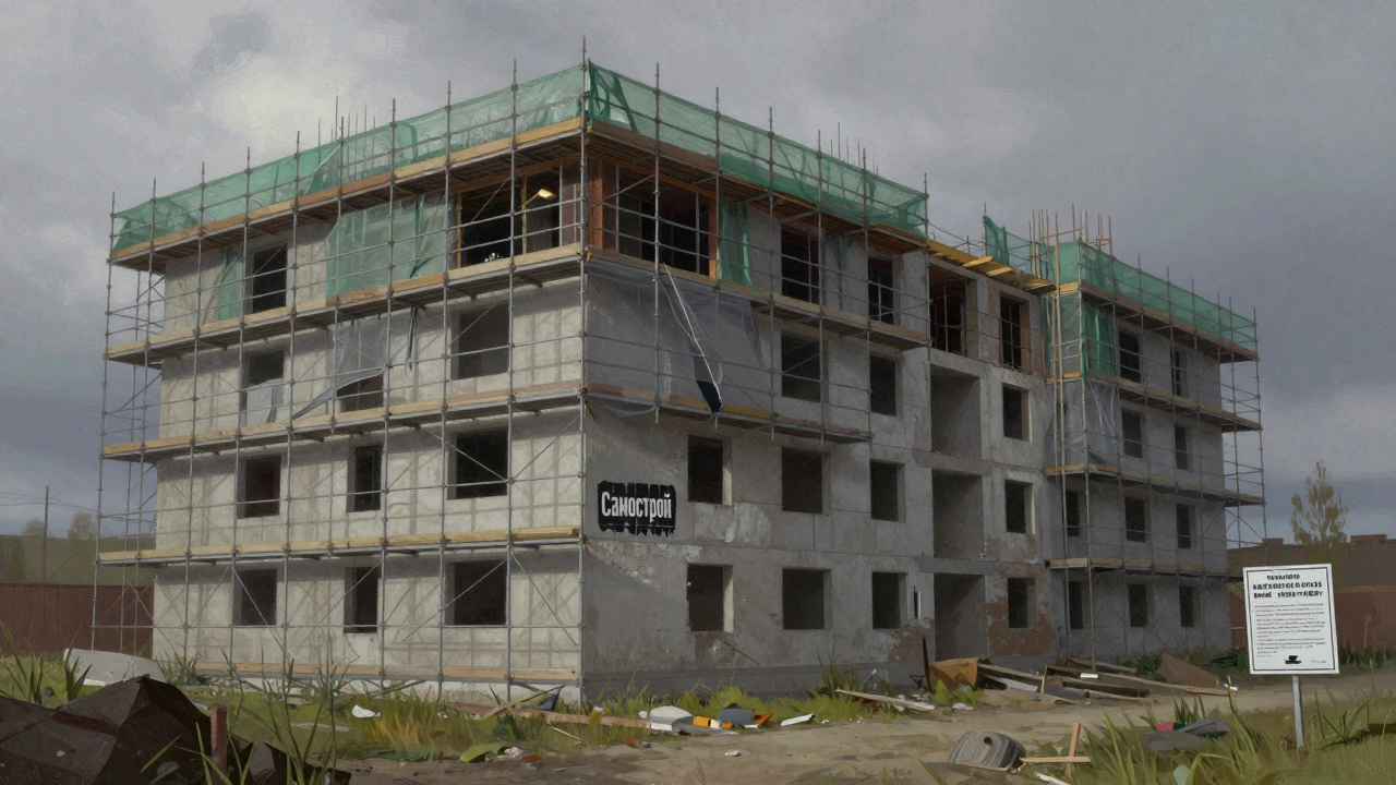 Незавершённый дом под строительными лесами с табличкой 'Самострой' и зарослями травы.