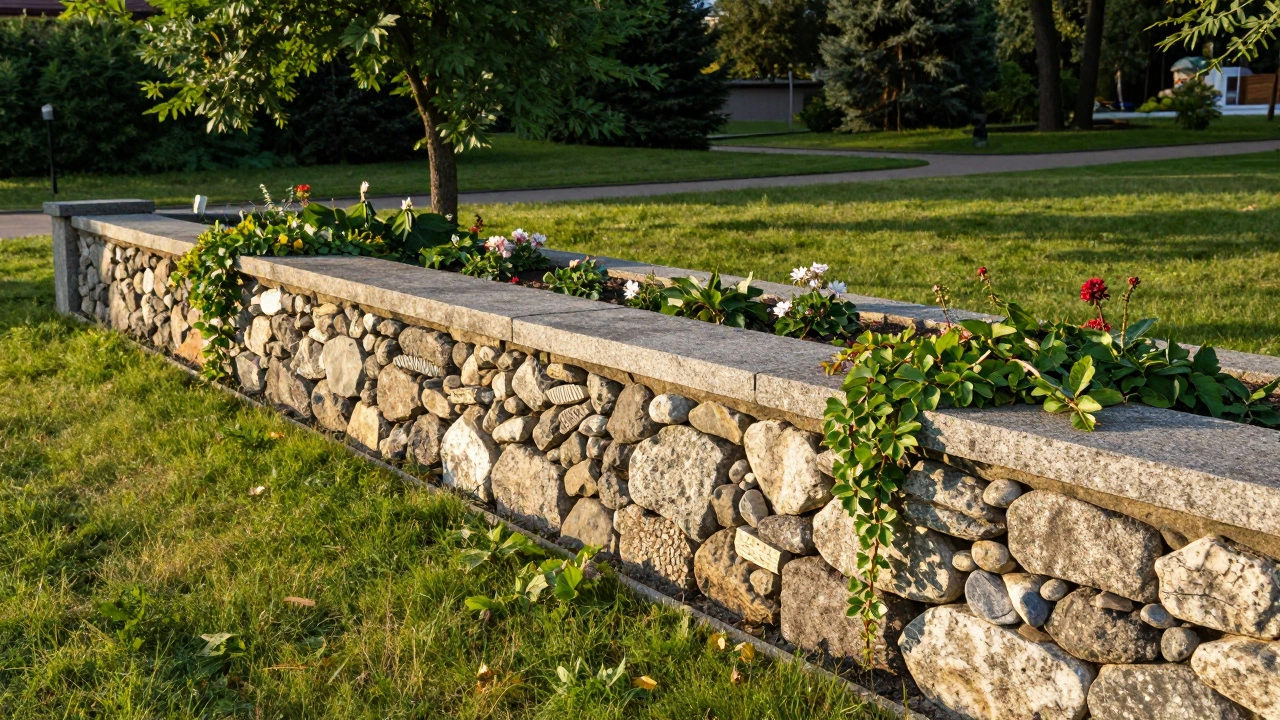 Низкая каменная стена из местного гранита и булыжника, разделяющая газон и клумбу, вьющиеся растения по краям.