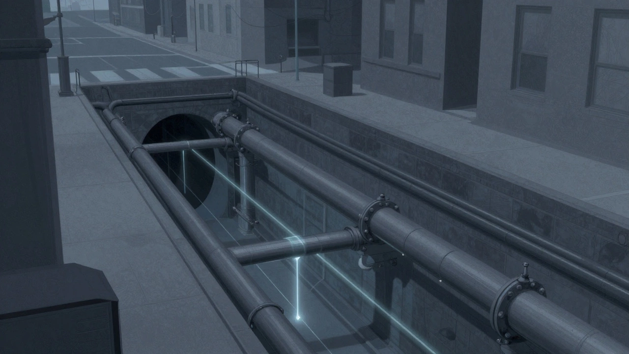 Подземные инженерные коммуникации: трубы водопровода и канализации под городской улицей.