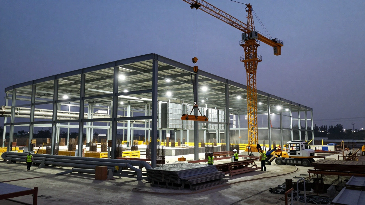 Промышленное здание в сборке: стальные конструкции, краны и бетонные фундаменты на стройплощадке.