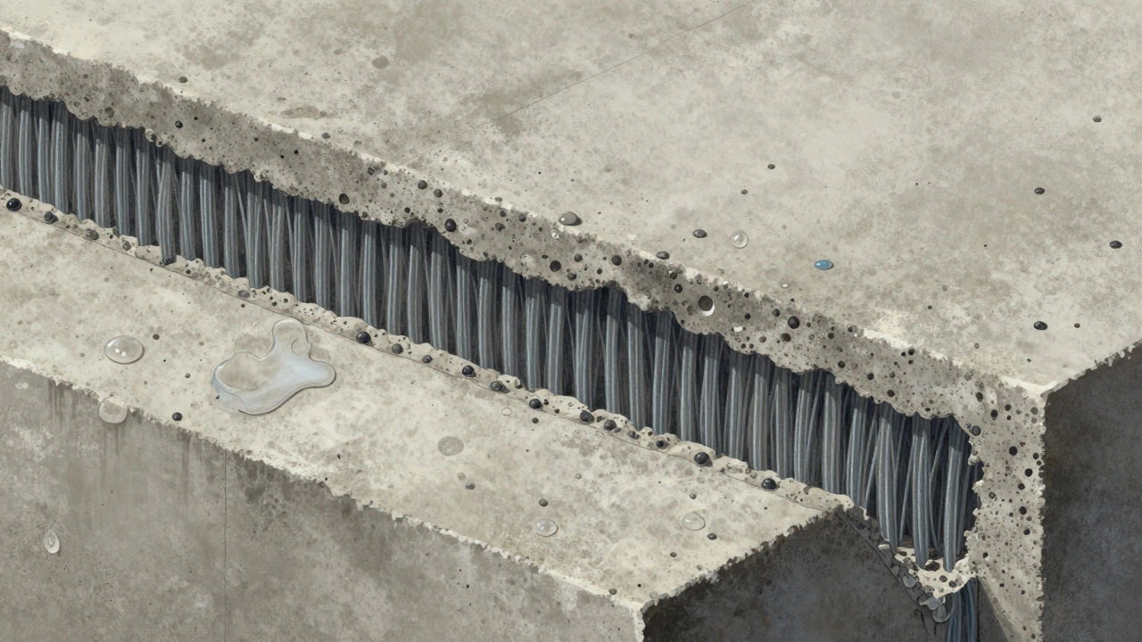 Разрез бетона с волокнами и микрокремнеземом, заполняющими поры и предотвращающими трещины.