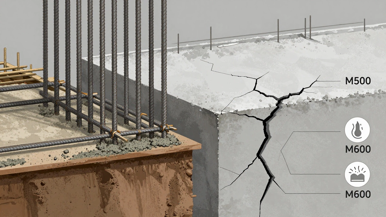 Разрез фундамента: М500 с идеальным сцеплением и М600 с трещинами от перегрева и усадки.