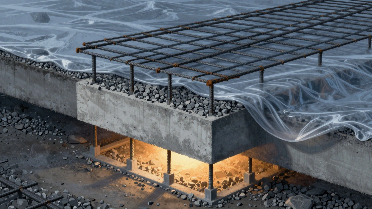 Разрез фундамента с арматурной сеткой, поднятой над землей, и увлажняющей пленкой на поверхности бетона.