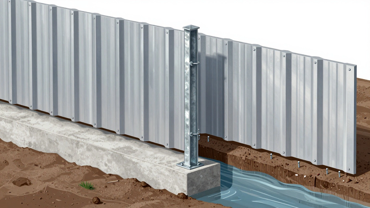 Разрез забора из профлиста С21 с бетонным фундаментом и правильным креплением.