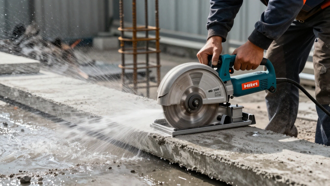 Резка бетона алмазным диском с водяным охлаждением на стройплощадке.