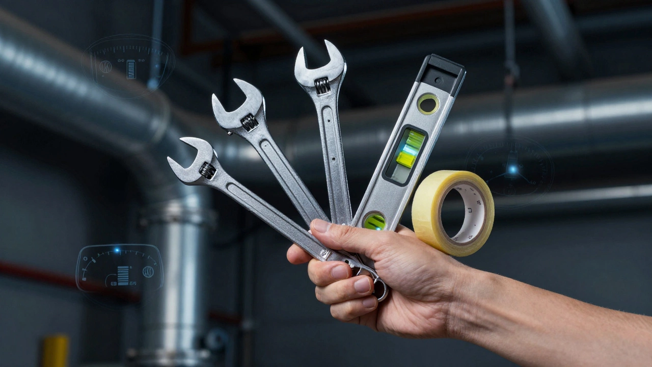 Рука держит основные слесарно-монтажные инструменты на фоне промышленных трубопроводов.