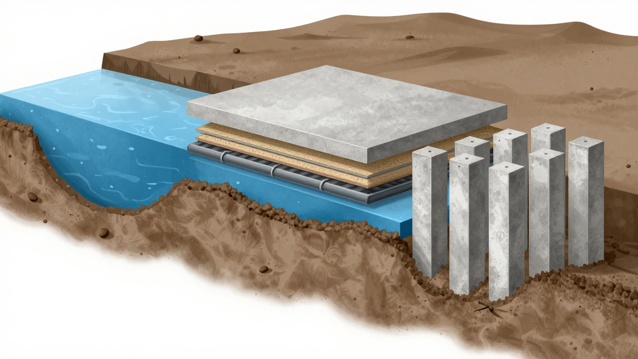Схематичный разрез трех типов фундаментов на грунтовых водах: ленточный, плитный и свайный.
