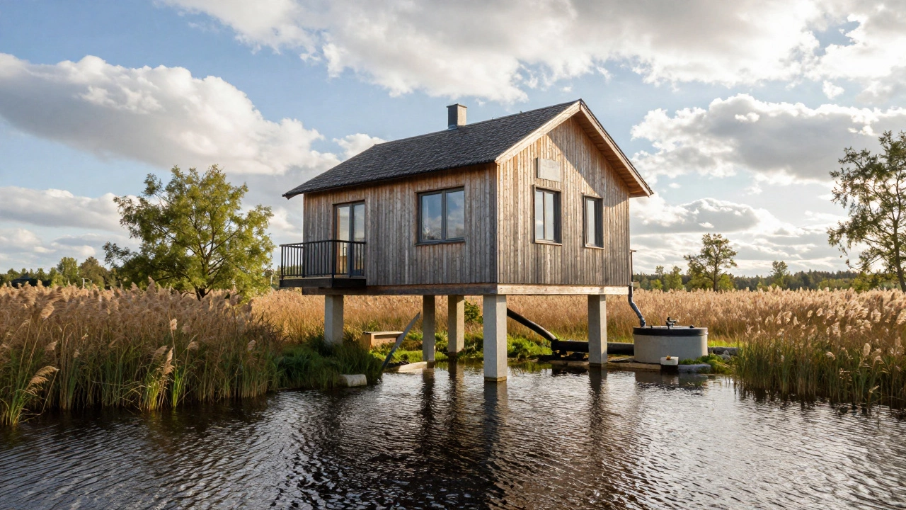 Современный дом на сваях над болотистой местностью с тростником и дренажной трубой.