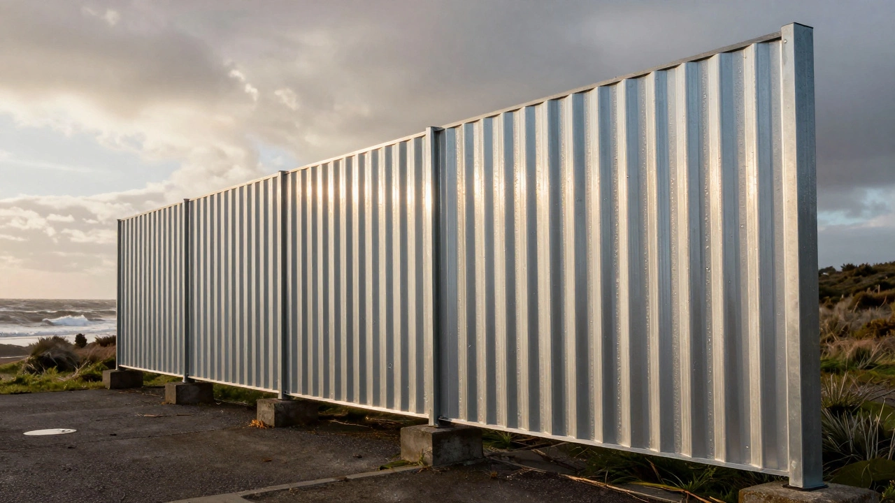 Современный металлический забор из толстого профнастила с бетонными опорами под дождём.