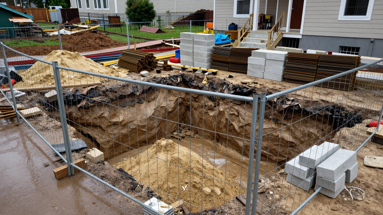 Строительная площадка с вырытым котлованом и временным ограждением, где хранятся материалы.