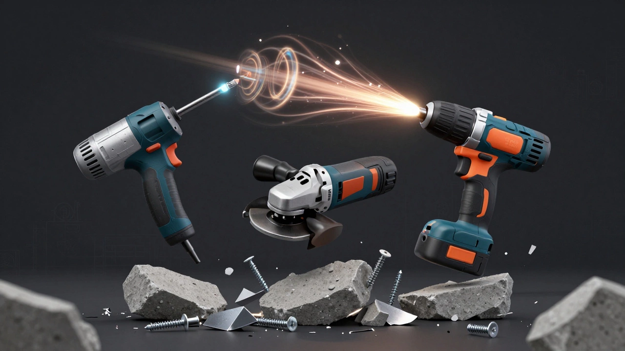 Три ключевых строительных инструмента, символизирующие мощность через функцию, а не мощность в ваттах.