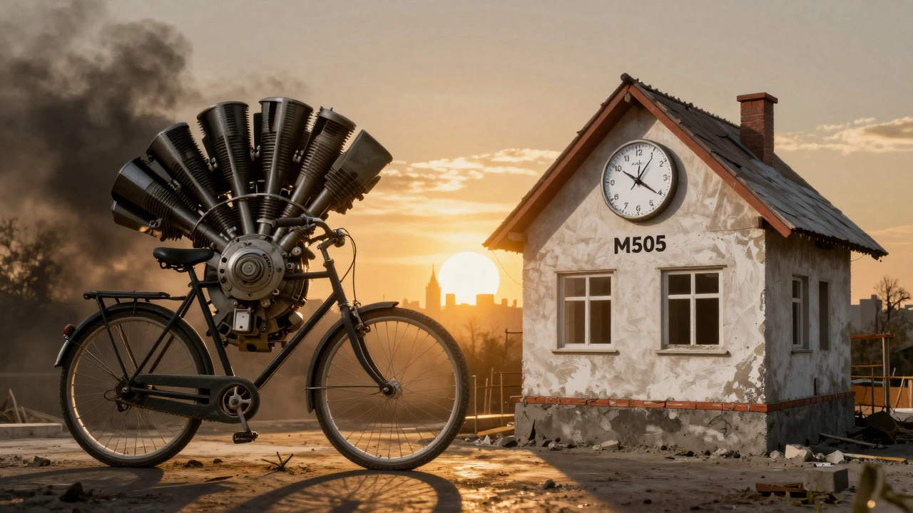 Велосипед с турбиной — метафора неправильного применения М600 для дома, рядом — прочный дом на М500.