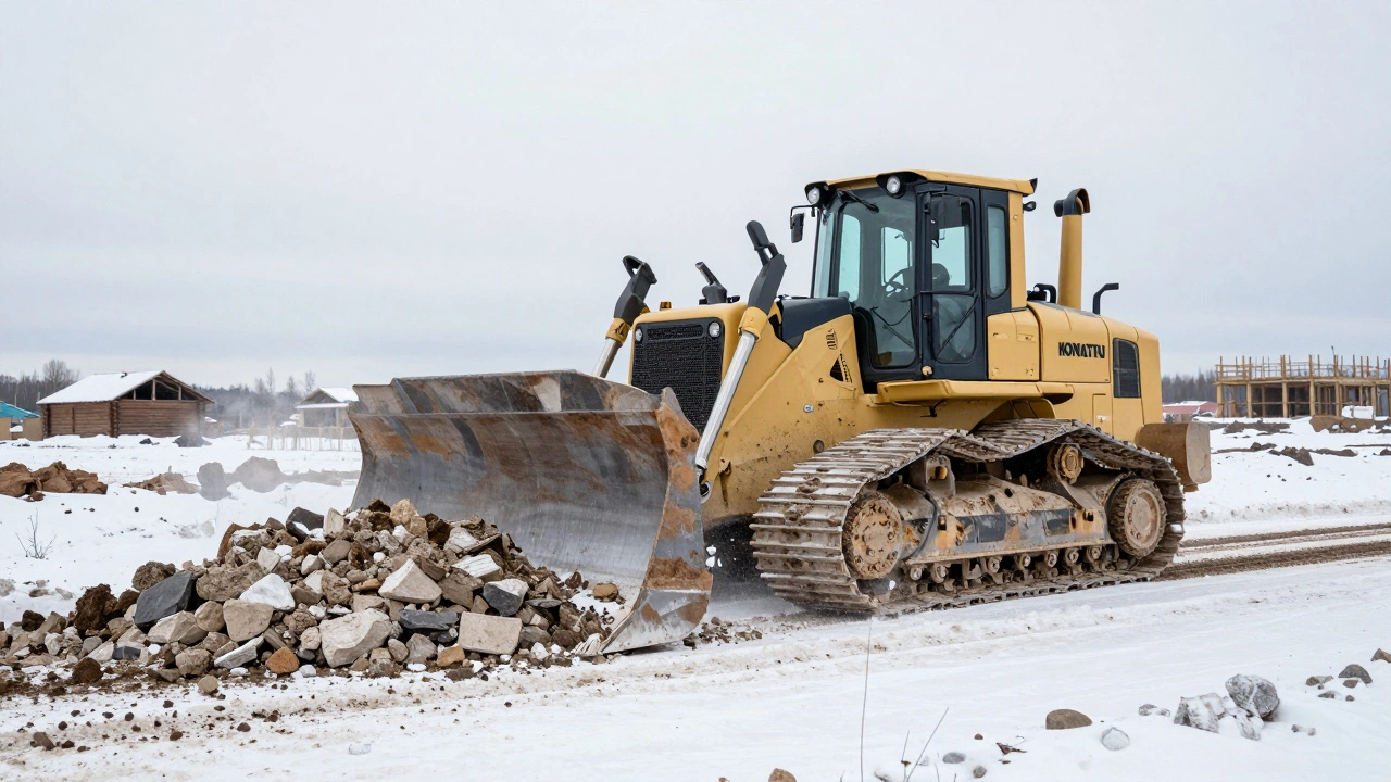 Бульдозер Komatsu D61 сдвигает снег и грунт на строительной площадке весной.